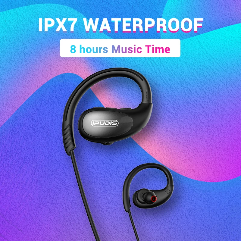 IPUDIS Bluetooth Headset Sport Wireless Earphone IPX7 waterproof Earbuds 110mAh Earhook Headphone with Microphone | Электроника