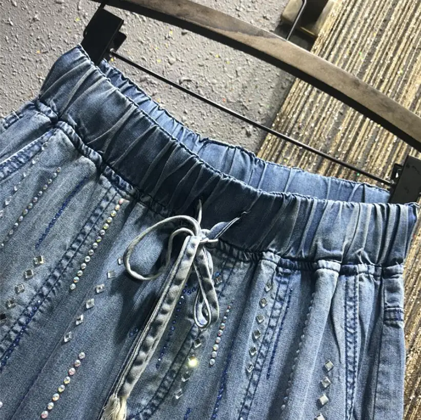 Новые женские свободные джинсовые брюки женские модные алмазные Горячие дрели с эластичной резинкой на талии брюки джинсовые брюки r2023