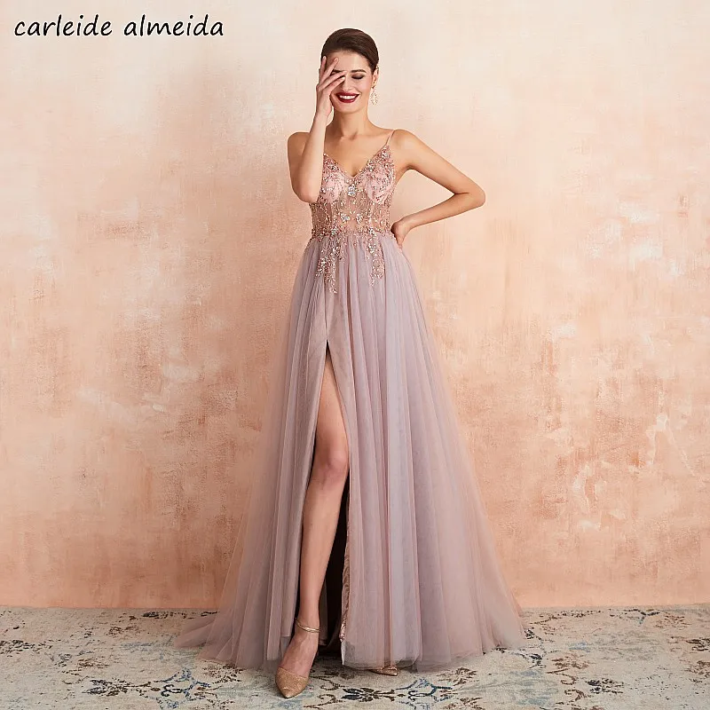 

Soft Tulle Spaghetti Straps Prom Party Dress with Beaded See Through Bodice & High Split Long Evening Dress Women Formal Dress