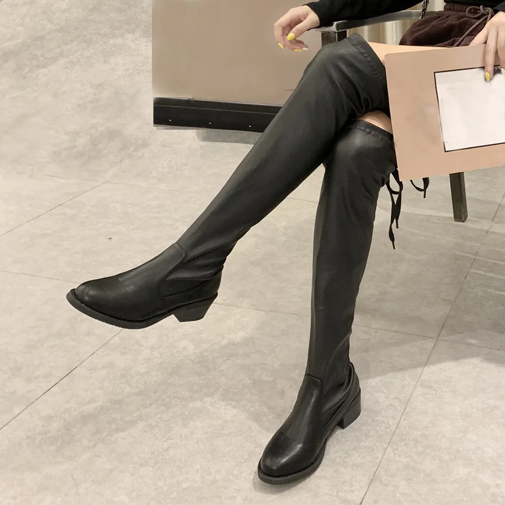 

Women's elastic fabric Long Boots Over-the-knee Winter Strap Solid color Snow Knee High Bootie Cowboy sexy Ladies Warm Shoes