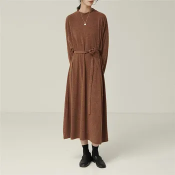 

Johnature 2020 Spring New Causal Korean Women Dresses O-neck Loose Solid Color Bandage Sweater Dress