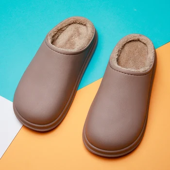 

Waterproof Winter Cotton Slippers croc Female Home Household Warm men Shoes Indoor Out Leather Bread With Moon Cotton Shoes