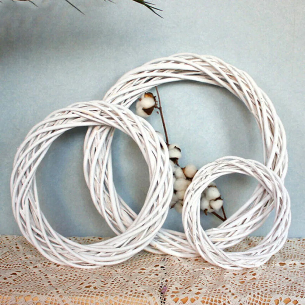 10/15/20/30cm Christmas Rattan Ring White Artificial Flower Garland Dried Frame Wicker Vine Wreath DIY Party Ornament Home Decor