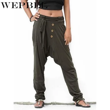 

WEPBEL Women Fashion Pants Casual Buttons Drawstring Solid Color Loose Harem Pockets Jogger Trousers Long Pant