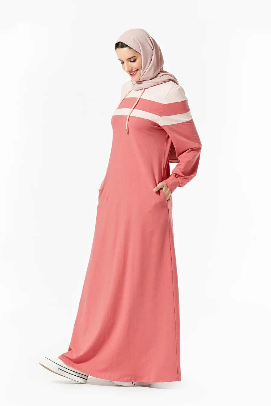 Siskakia, вязаное длинное платье с капюшоном, модное, в полоску, цвет блока, макси, свитер, платья, Осень-зима, для прогулок, бега, одежда розового цвета
