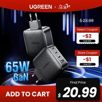 Устройство зарядное сетевое Ugreen с USB-портами и поддержкой быстрой зарядки, 65 Вт