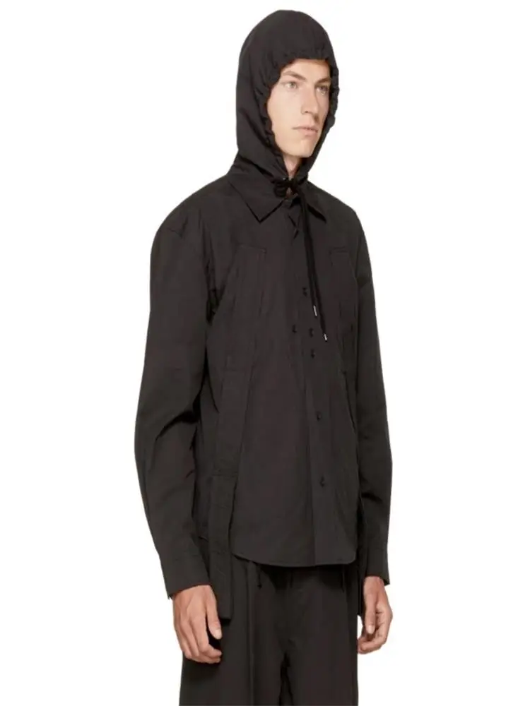 

Men's new men's straps patchwork shirt with cap loose black casual large size long sleeves pure cotton shirt
