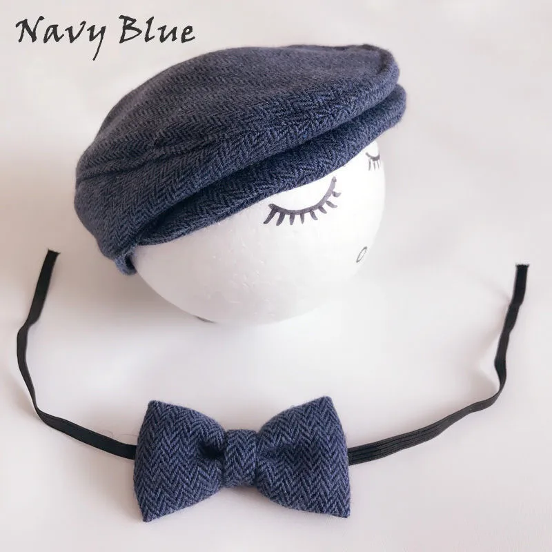 Infant Boys Hat + Bow Tie Set Cute Baby Boy Peaked Beanie Cap Bow Tie Photo Photography Prop Baby Boys Caps Set