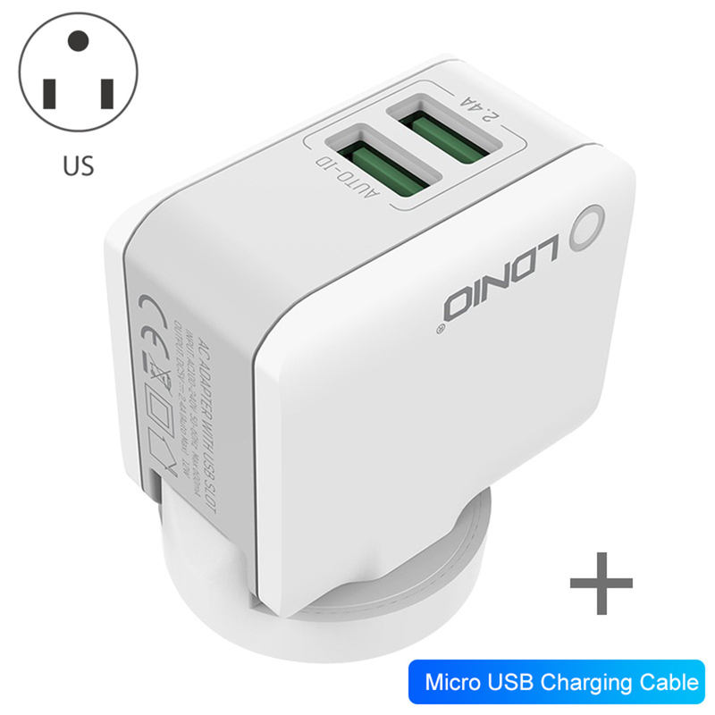 LDNIO Dual USB Charger Adapter White Micro Type C Charge Cable