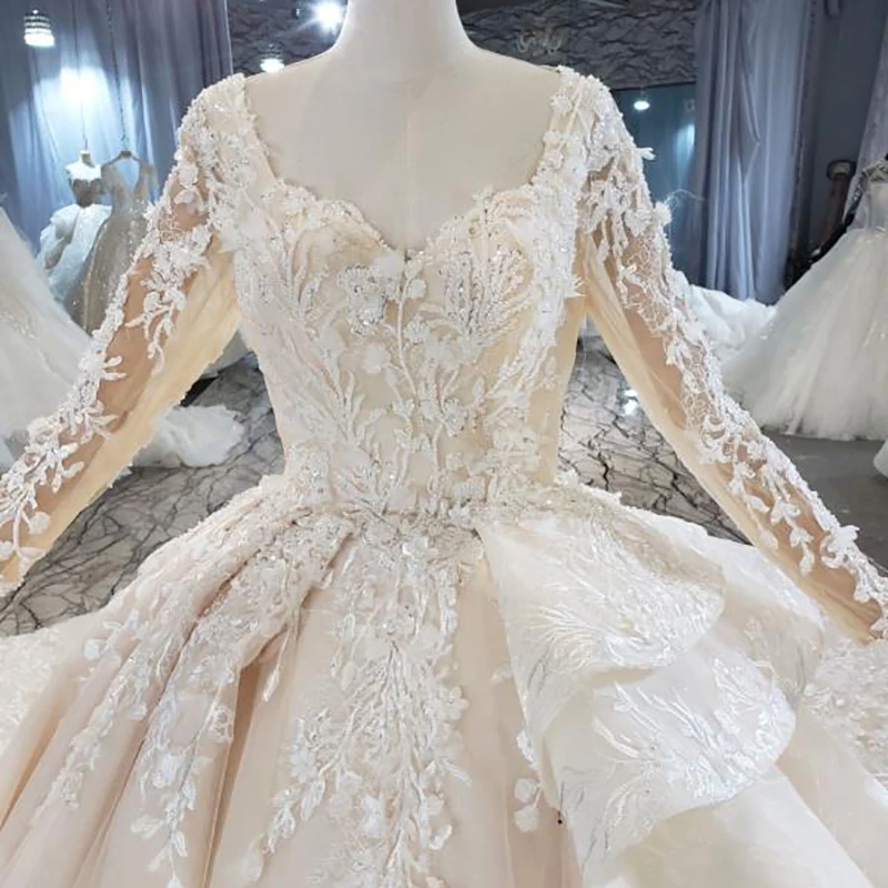 HTL1926-1 lace boho champagne wedding dress plus size with beading princesa wedding dress long sleeve 2021 кружевное платье 5