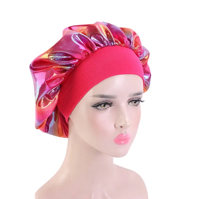 New Women Big Size Laser Satin Print Satin Silk Bonnet Sleep Night Cap Head Cover Bonnet Hat for For Curly Springy Hair Black fisherman skully