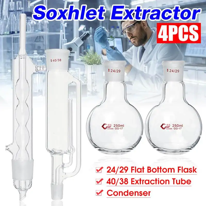 

4Pcs Lab Glassware Soxhlet Extractor Condenser Set with 24/29 250ml Flat Bottom Flask+40/38 Tube Distillation Lab School Supply