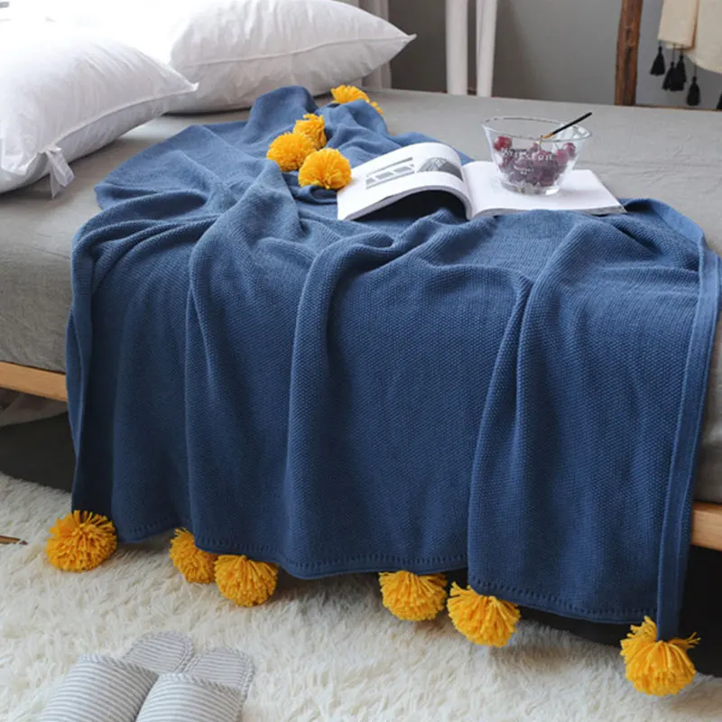 

Fashion Knitted Air Conditioner Blanket Contrast Color Hairball Cotton Office Nap Blanket Single Home Bedding Solid Color Knit