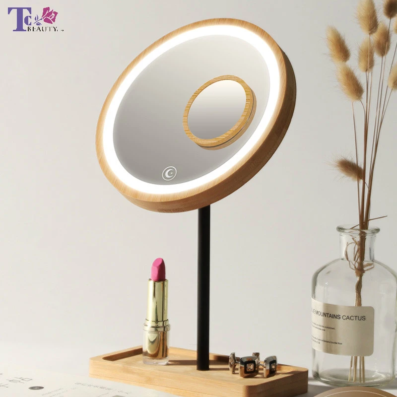 Деревянный Настольный светодиодный зеркало для макияжа 3X увеличительное usb зарядка Регулируемый яркий рассеянный светильник с сенсорным экраном красивые зеркала