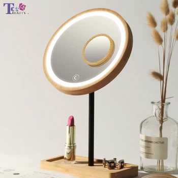 Wooden Desktop LED Makeup Mirror 3X Magnifying USB Charging Adjustable Bright Diffused Light Touch Screen Beauty Mirrors 1