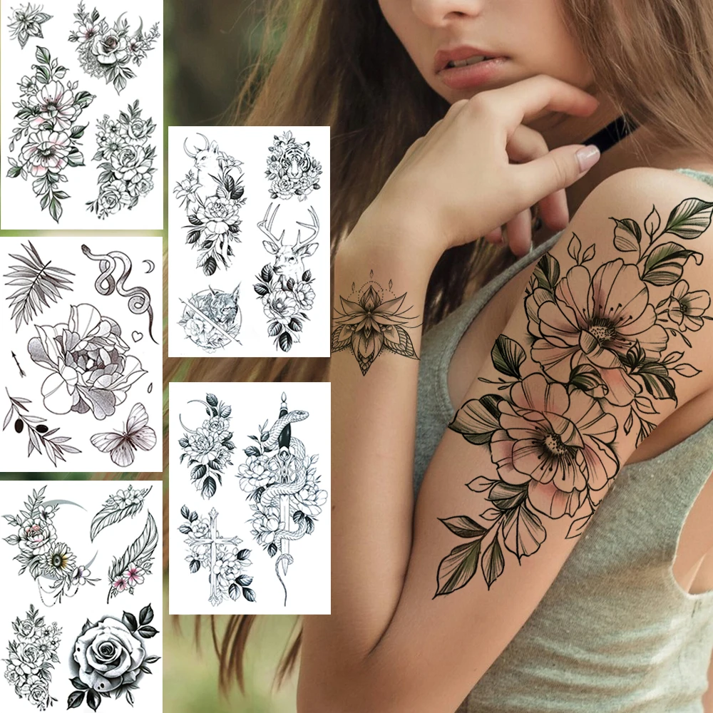 

Rose Peony Temporary Tattoos For Women Adults Snake Sword Fake Feataher Tattoo Sticker Black Deer Water Transfer Tatoo Arm Thigh
