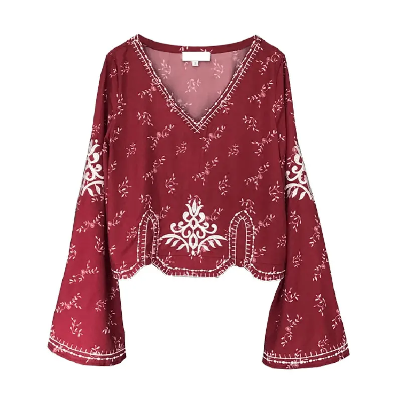 red GCC1180 XITAO шифоновая Цветочная вышивка блузка Женская корейская мода свитер с расклешенными рукавами оболочка сексуальный стиль Осенняя рубашка GCC1180 - Цвет: red GCC1180