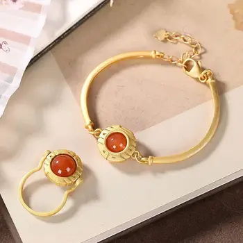 

Original new inlaid natural red agate ring bracelet Chinese style retro court women elegant charm jewelry set