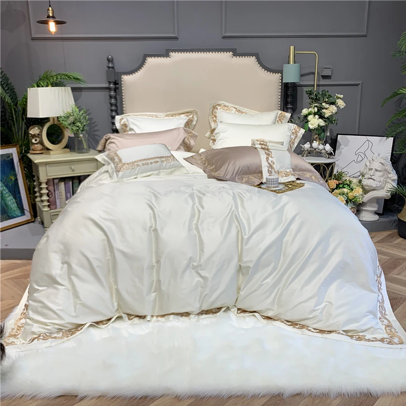 1000tc Egyptian Cotton Gold Embroidery Edge Duvet Cover White Grey Solid Bedding Set Queen King Size 4 7pcs Fitted Bed Sheet Set Bedding Sets Aliexpress