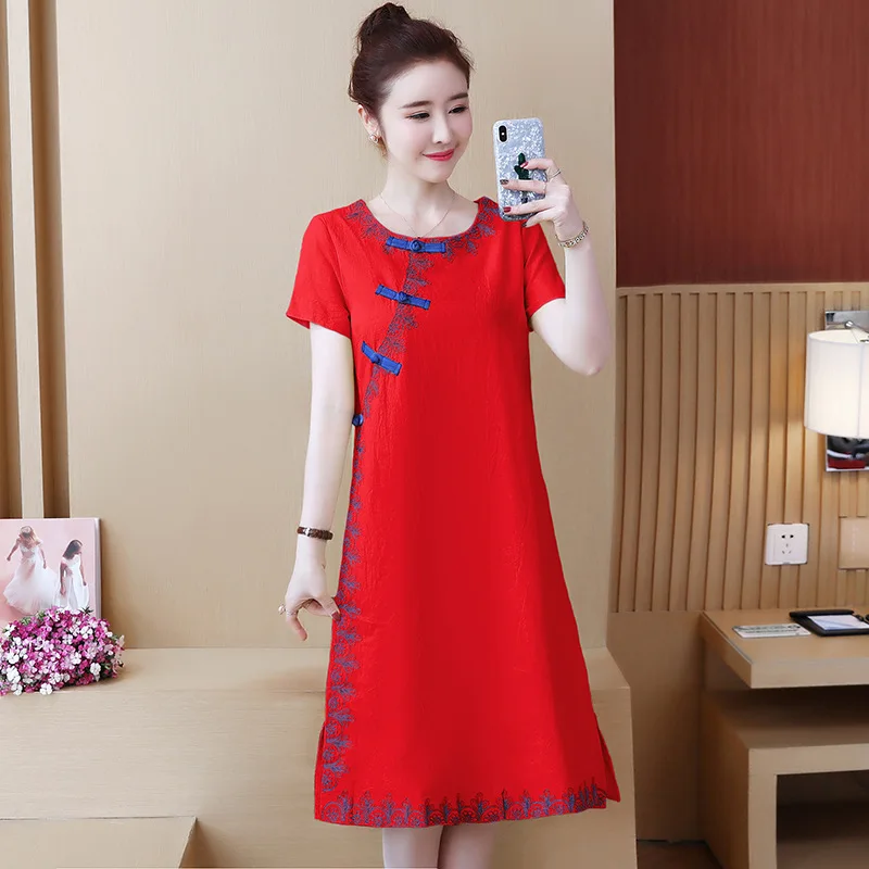 

2019 Summer New Style Ethnic-Style Cotton Linen Embroidery Retro Dress Women's
