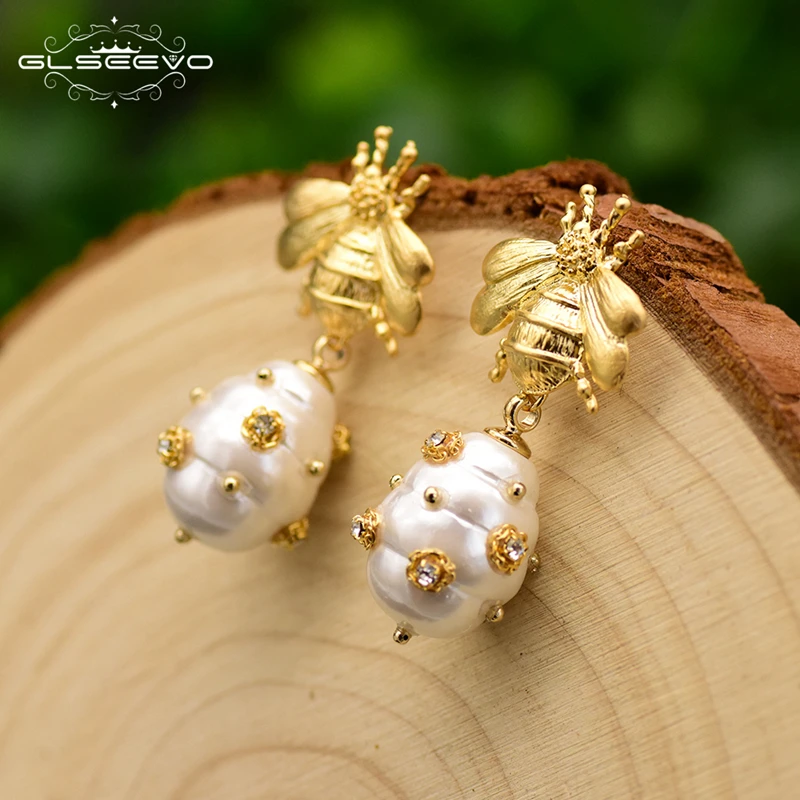 

GLSEEVO Original Design Natural Shell Beads Drop Earrings For Women Gift Bee Dangle Earrings Luxury Fine Jewlery GE0665
