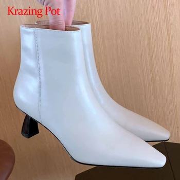 

Krazing pot hot fashion boots genuine leather european design big size small square toe high strange heel zipper ankle boots L10