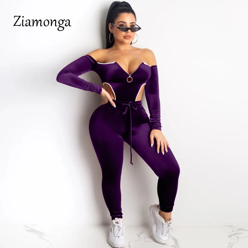 Ziamonga, женский сексуальный комбинезон из кусков для фитнеса, Осенний бархатный комбинезон с длинным рукавом, повседневный Облегающий комбинезон на молнии