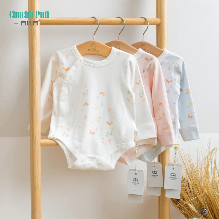 

100% Cotton Long Sleeve Squirrel Printed New Born Baby Romper with Side Open Long Sleeve Briefs Romper Clothes Pink/White Infant