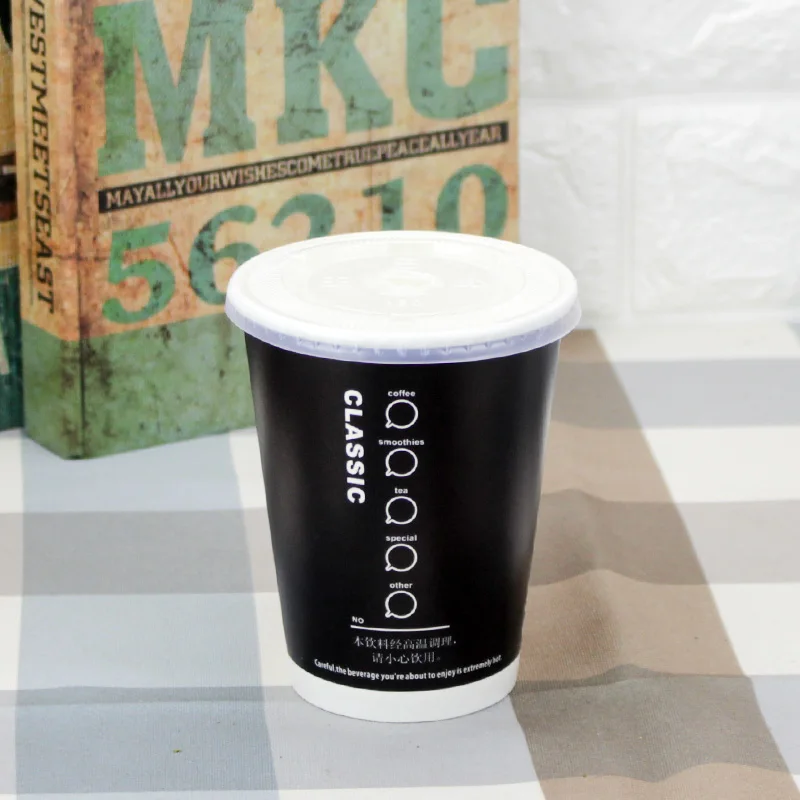 cup and lid1 50 шт, уплотненные, 400 мл, 500 мл, одноразовые чашки для чая, черные, для горячих напитков, для кофе, бумажные чашки, креативная упаковка на вынос, чашки с крышкой - Цвет: cup and lid1