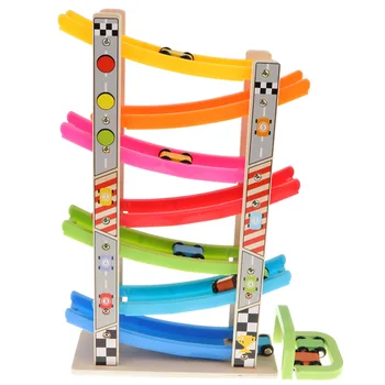 

Wooden Train 7-Layer Race Track & 8 Mini Inertia Race Car Sliding Toy Vehicle & Train Baby Toddler Motor For Baby Car