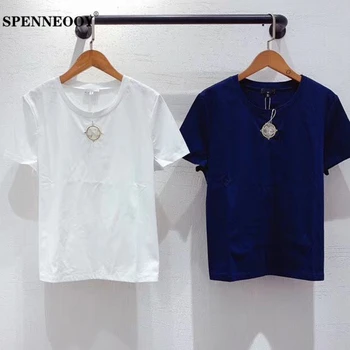 

SPENNEOOY Designer Custom Runway Female Fashion Summer Loose Tees Women Short Sleeve Diamonds Solid Color Casual T Shirt