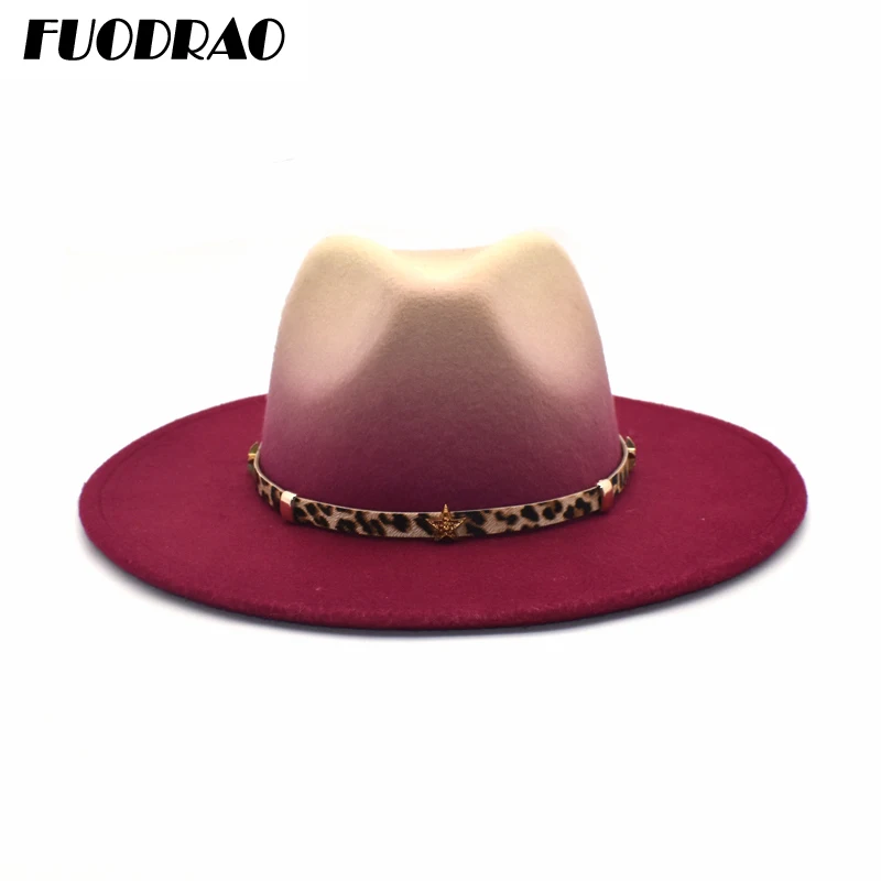 

FUODRAO New Tie dye Fedora Hat Women Large Brim Autumn Winter Wool Bowler Hat Lady Panama Vintage Men Jazz Cap Sombrero Cap D15