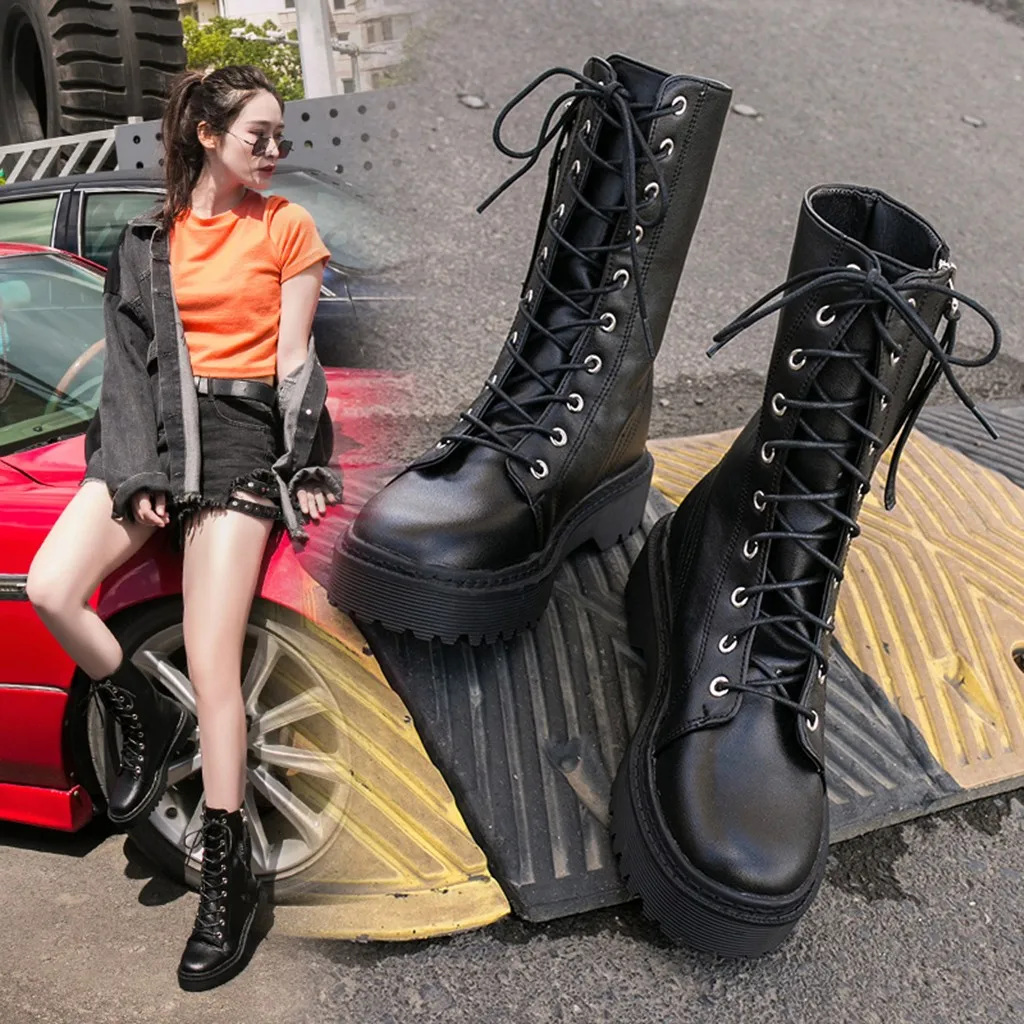 Обувь в готическом стиле; Женские ботинки в стиле панк; женские модные однотонные полусапожки на шнуровке, на молнии; обувь;# g4