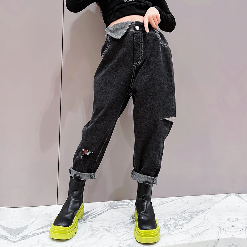 Pantalones vaqueros para niñas, Jeans informales rotos con agujeros, Jeans de cintura alta de 3 a 14 años, Jeans para adolescentes, otoño y primavera, novedad de vaqueros| AliExpress