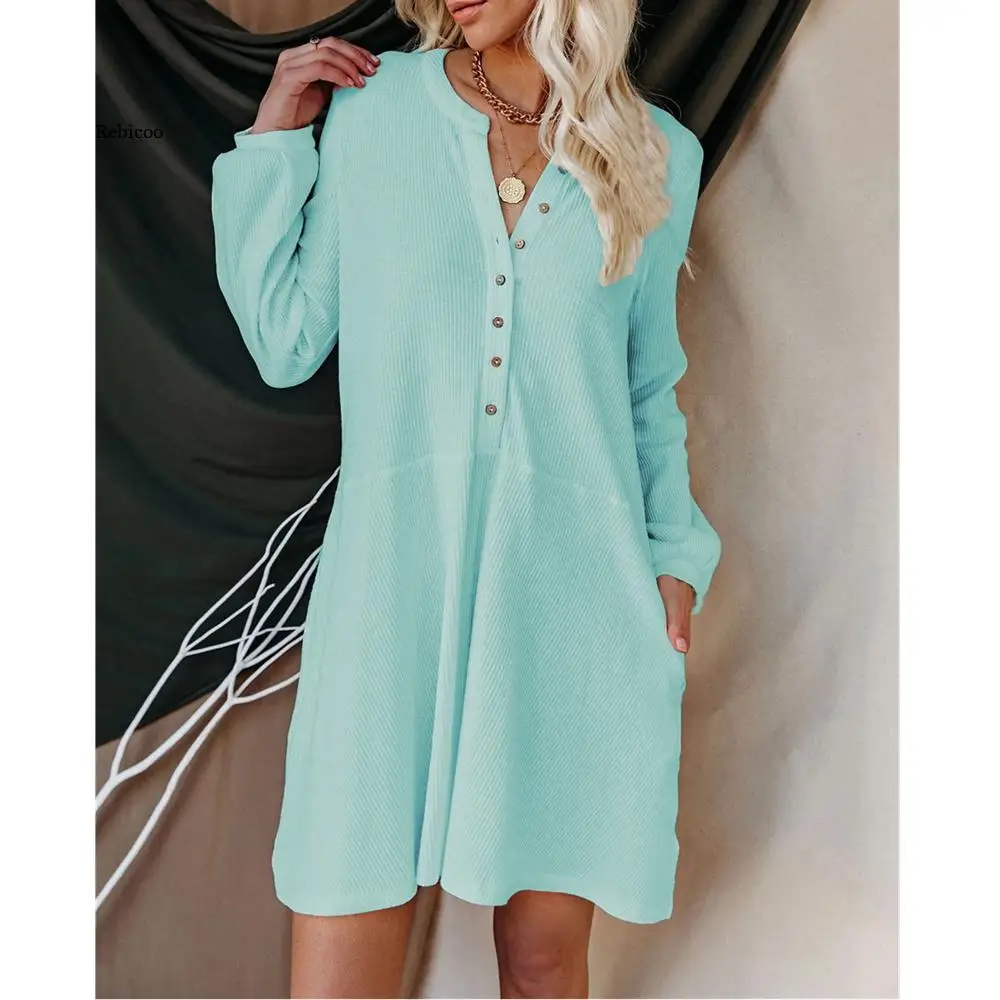 

New Autumn Spring Women's Solid V Neck Button Loose Long Sleeve Dress Female Fashion Casual Ribbed Knitting A Line Dresses