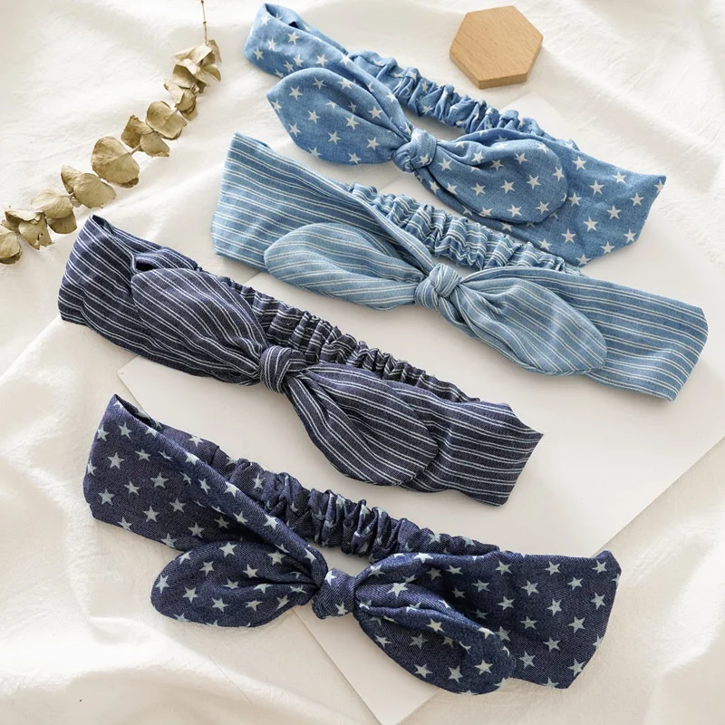 

New Style Star Stripe Printed Elastiic Headbans Cute Rabbit Ear Head Bands Tie Hair Band Accessories For Women Girls Headdress