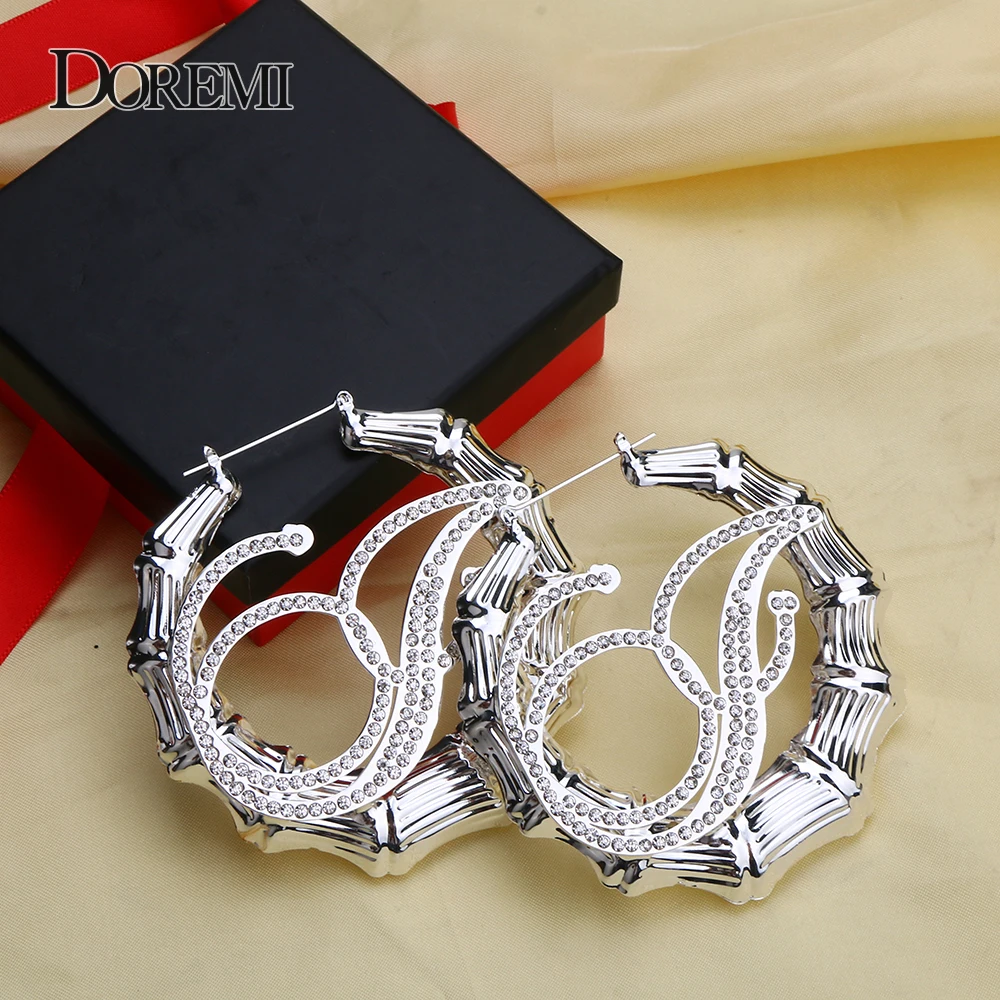 DOREMI A-Z Bling Name Bamboo Earrings Crystal Custom Hoop Bamboo Names Earrings Letter  Big Personalised Name Earring Women Gift