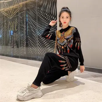 

2020 knit set winter printing women knitted knitted sweater suits two piece set top and pants korean clothes fashiona Winter