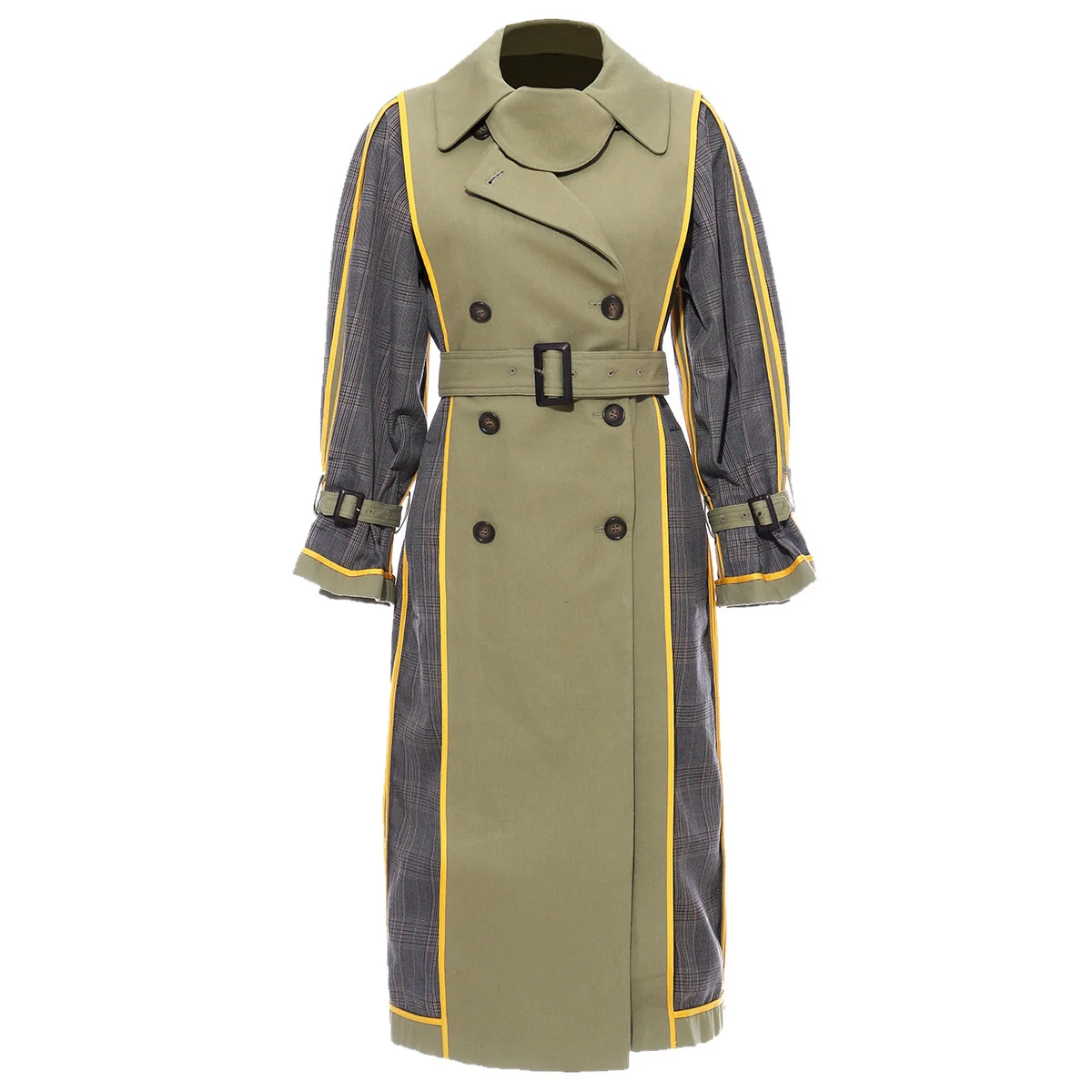 TVVOVVIN Personality Both Row Buckle Patchwork Hit Color Lattice Can Both Sides Clothes Long Fund Windbreaker Loose Coat ZX122 - Цвет: single-sided wear