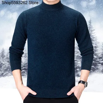 

Men Cashmere Sweater 2020 Winter Middle Age Round Neck Knitting Keep Warm Sweater Solid Color Pullover Backing Shirt Men's Wear