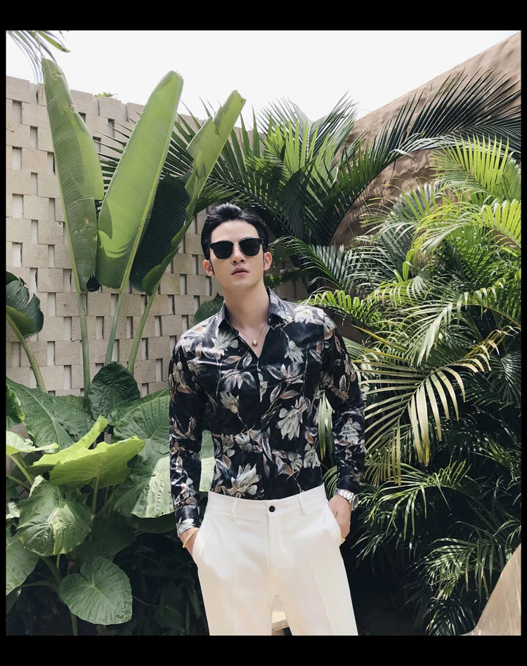 Брендовая уличная Мужская гавайская рубашка с длинным рукавом Slim Fit мужские s рубашки Camisa Social Masculina повседневные рубашки с цветочным принтом