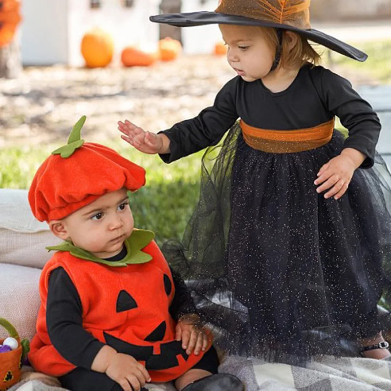 Halloween Baby Kids Pumpkin Fancy Sleeveless Dress with Hat Cosplay Costume Party Clothes for Boy Girl OCT998