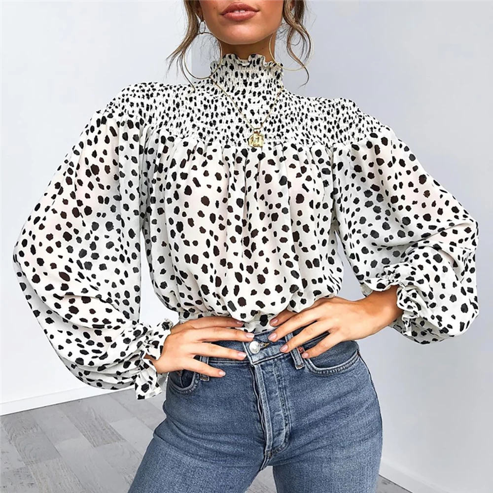 

Women Classic Polka Dot Shirts Autumn Long Sleeve Shirt Ladies Turtleneck Puff Sleeve Blouse Printed Blusas chemise femme D35