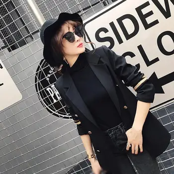 

Feminino Long Women Blazers And Jackets Notched Military Style Double Breasted Long Sleeves Lady Blazer Suit