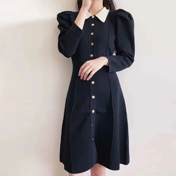 

Knit Dress for Women White Turn-down Collar Gold Buttons Long Puff Sleeve Single Breasted High Waist Autumn Knee-Length Dresses