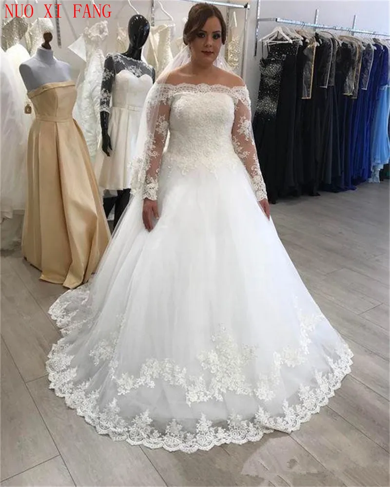 Long Sleeve Lace Appliques Wedding Dresses Boat Neck Ball Gown Bridal Dress Wedding Gowns vestidos de noiva 2020 suknia slubna