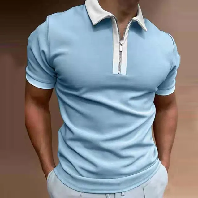 High Quality Brand Men's Polo Shirt Lapel Zipper Design Luxury Boss Casual Shirt Male Short Sleeve Top Polo Homme Eden Parck PLS-5 Light blue
