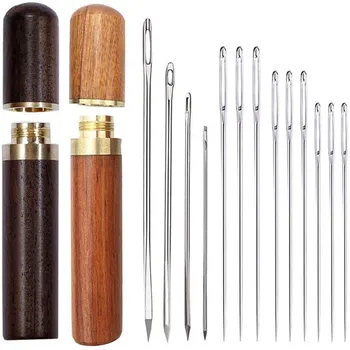 

MIUSIE Wooden Needle Case Boxes with Stitching Needles Sewing Needles Storage Knitting Tube Hand Crafts Leather Sewing Box