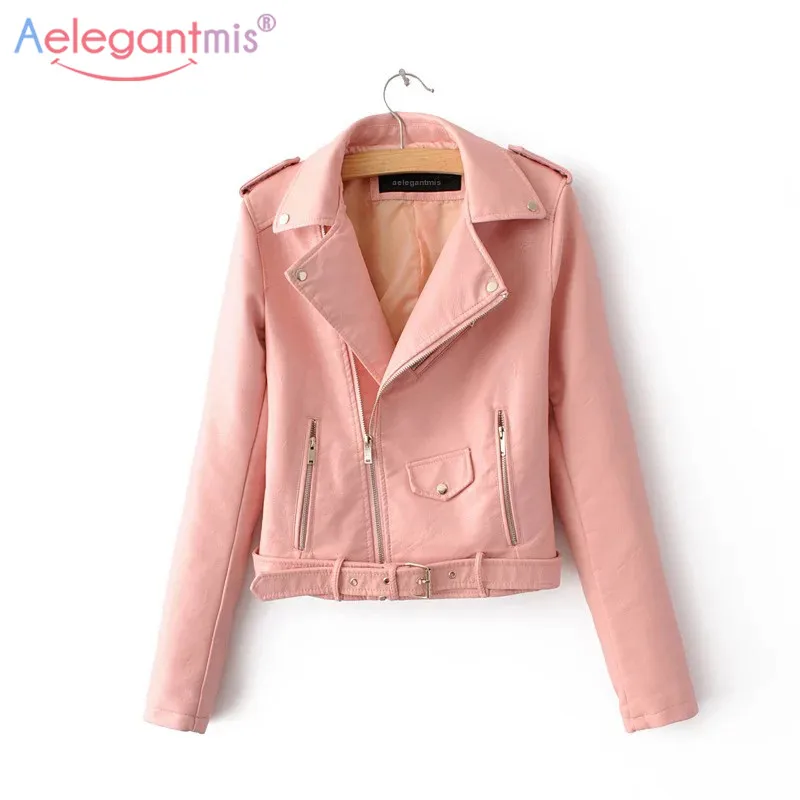 Aelegantmis, осенняя Новинка, короткая куртка из искусственной мягкой кожи, женская модная мотоциклетная куртка из искусственной кожи на молнии, Женская Базовая уличная куртка - Цвет: Розовый