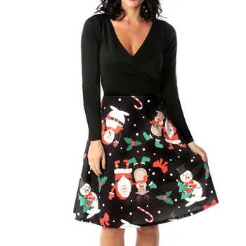 

KLV 2019 women dress платье dress Women V-Neck Christmas Printed Long Sleeve Hight Waist Princess Dress free shipping D4